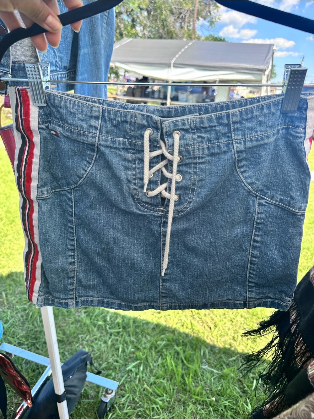 Y2K Tommy Hilfiger Blue Denim Lace-Up Mini Skirt with Red & White Side Stripes